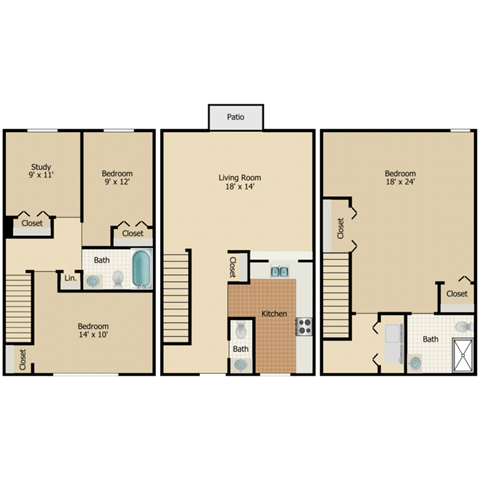 Floor plan for 3 beds, 2.5 baths